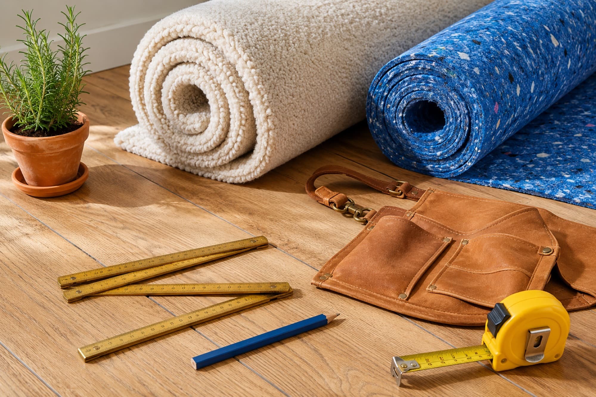 Tools of the trade — carpet roll, ruler, and leather apron on a hardwood subfloor