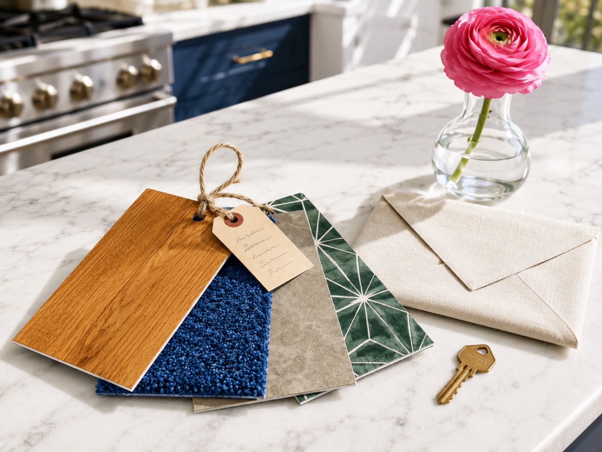 A curated kit of flooring samples on a sunlit kitchen counter